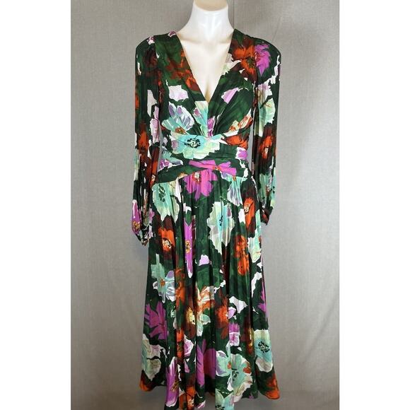Anthropologie Size 6 Maeve Pleated Long Dress V Neck Green Floral Wedding Date - Picture 4 of 16